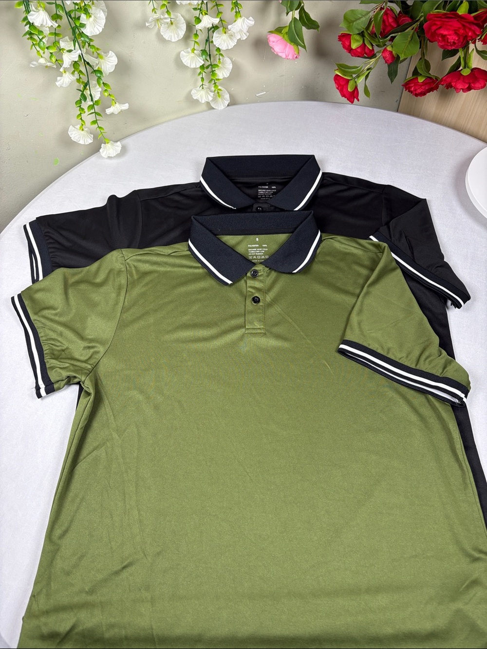 2 Shirts. Men's Olive Green and black Polo Shirt with Contrast Collar